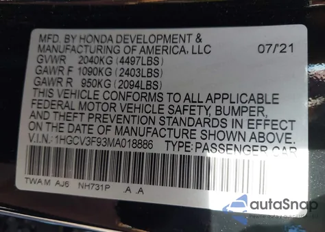 2021 Honda Accord Touring from USA, damaged, VIN 1HGCV3F93MA018886